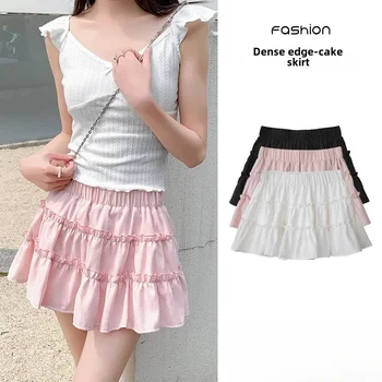 Elegante mini abito rosa nuova estate stile sottile design balletto francese gonna torta bordo in pizzo gonna JK da donna