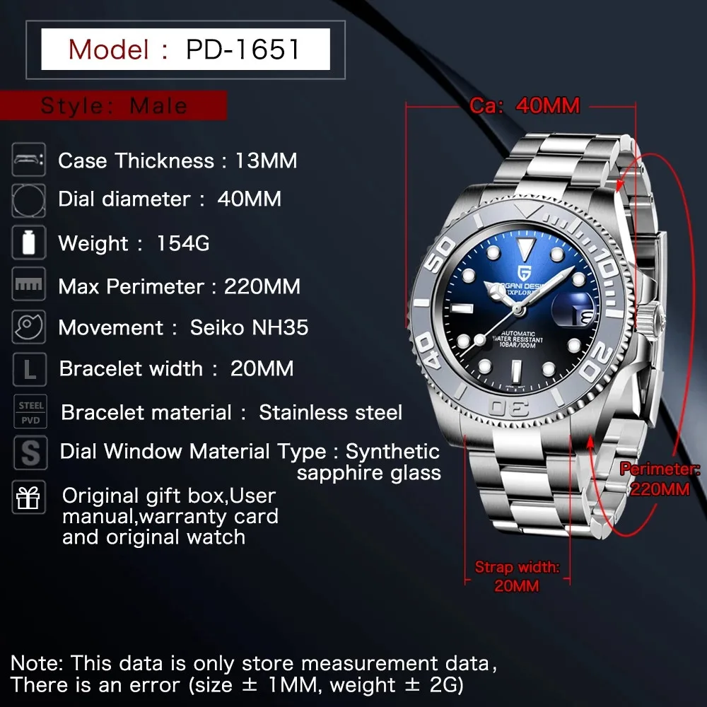 PAGANI DESIGN Original 40MM Men's Automatic Mechanical Watches NH35 Luxury Stainless Steel Waterproof Watch for Men Reloj PD1651
