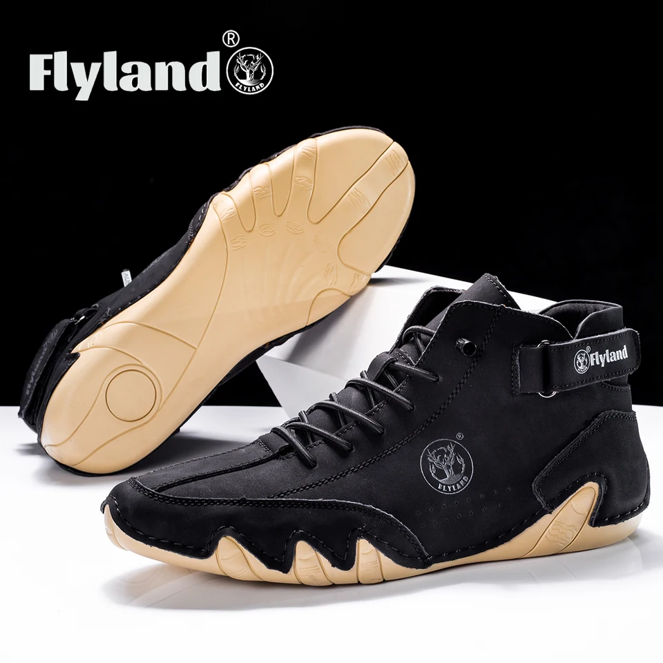 FLYLAND 남성 패션 빈티지 핸드 스티칭 소프트 비즈니스 캐주얼 가죽 앵클 부츠, 수제 신발