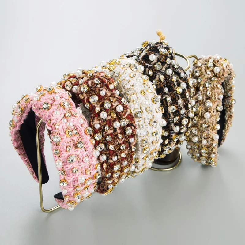 Korean New Headband Classic Woolen Rhinestone Pearl Hairband Simple Wide Knotted Temperament Hairband Decoration rhinestone rope glitter bling waist strap shiny drawstring clothes pants decoration