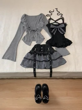 Japanese Sweet Kawaii Lolita 3 Piece Set Casual Cardigan + Slim Lace Bow Vest + High Waist Striped Skirt Autumn Women Outfits 1