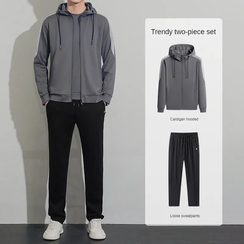 2024Spring and Autumn New Men's Two piece Casual Loose Long sleeved Pants Hooded Cardigan Casual Shirt+Outdoor Running Pants Set