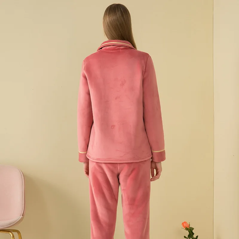 2pcs Fashion Winter Women Thicken Warm Soft Pajamas Sets Pink Red Long Sleeve Home Suit Sleepwear Long Velvet Thicken Pyjamas