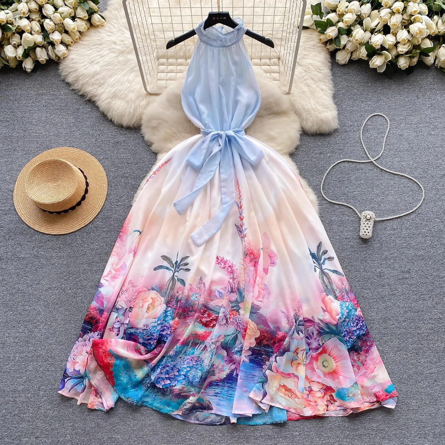 

2024 Summer Vacation Beach Chiffon Dress Women Halter Off Shoulder Flower Print Sashes Lace Up Long Boho Robe Loose Vestido 6361