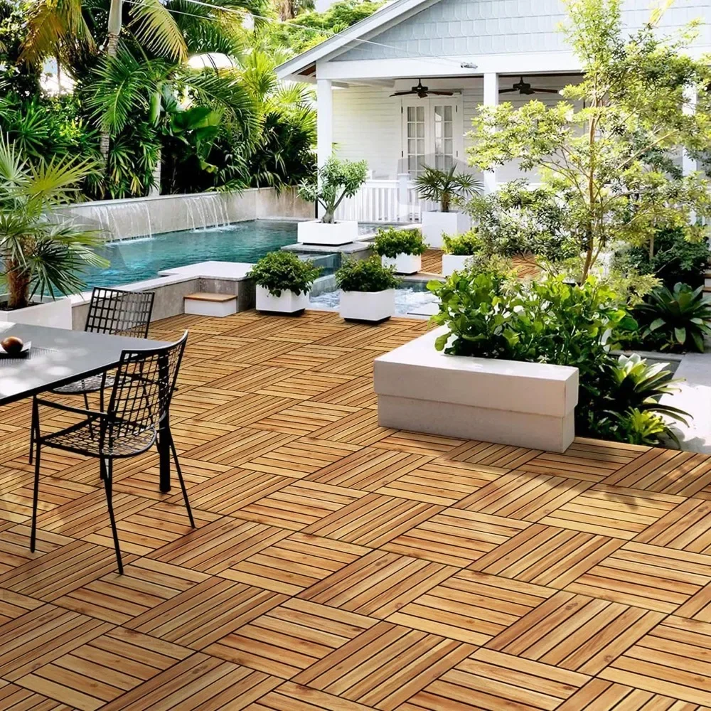 108PCS Acacia Wood Interlocking Flooring Tiles Waterproof Flooring Outdoor & Indoor Patio Balcony 12 &times; 12 In