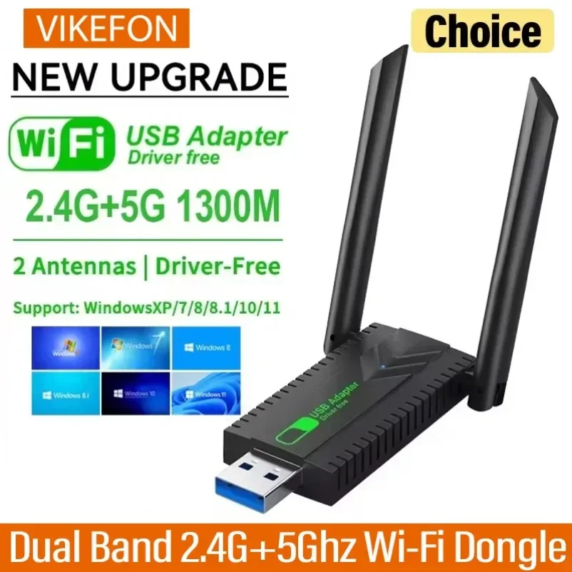 VIKEFON 1300Mbps 듀얼 밴드 2.4G+5Ghz WiFi USB 어댑터 Wi-Fi 동글 수신기 USB3.0 고속 무선 네트워크 카드 드라이버 무료