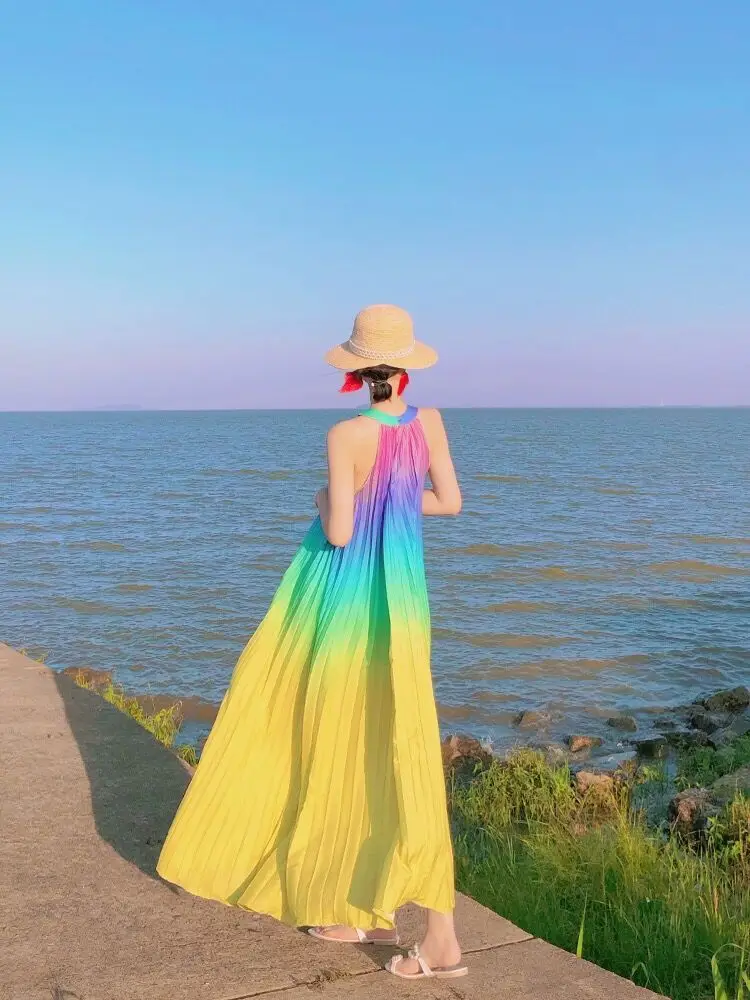 Rainbow Gradient Color Pleated A Line Loose Maxi Long Dress Women Pleated Chiffon Bohemian Beach Holiday Sundress Fashion Robes