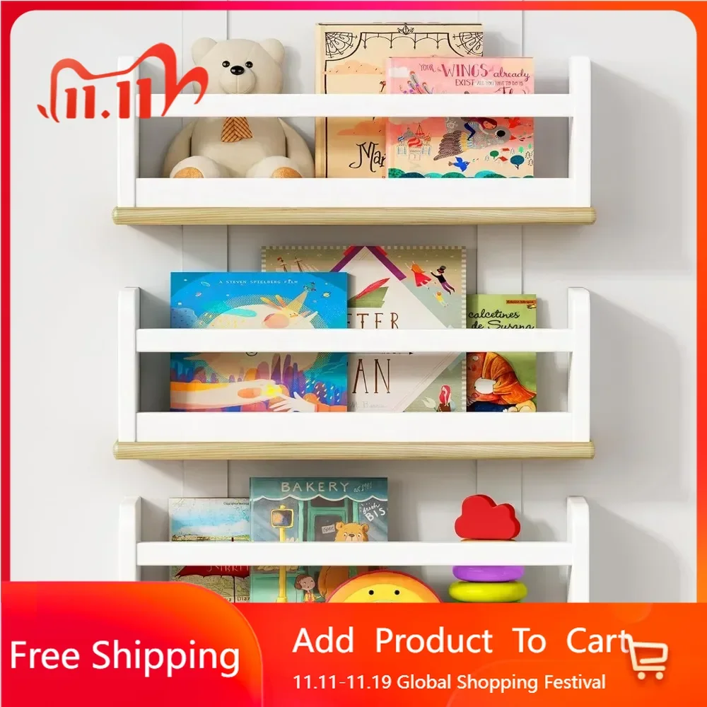 Small Kids Bookshelves Wall Mounted 3-Pack, White Floating Nursery Book Shelves for Kids Room Bedroom, Solid Wood Hanging