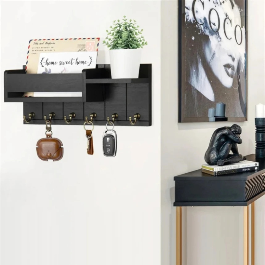 Rustic Decor Wood Wall Shelf with Mail & Key Hooks 6Hook Organizer Suitable for Living Room or Home Entryway 4