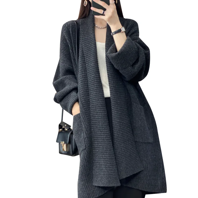 

2023 Lazy Knitted Cardigan Jackets For Women's Clothing Spring Autumn Harajuku Loose Lapel Solid Color Long Sweater Coat AC741