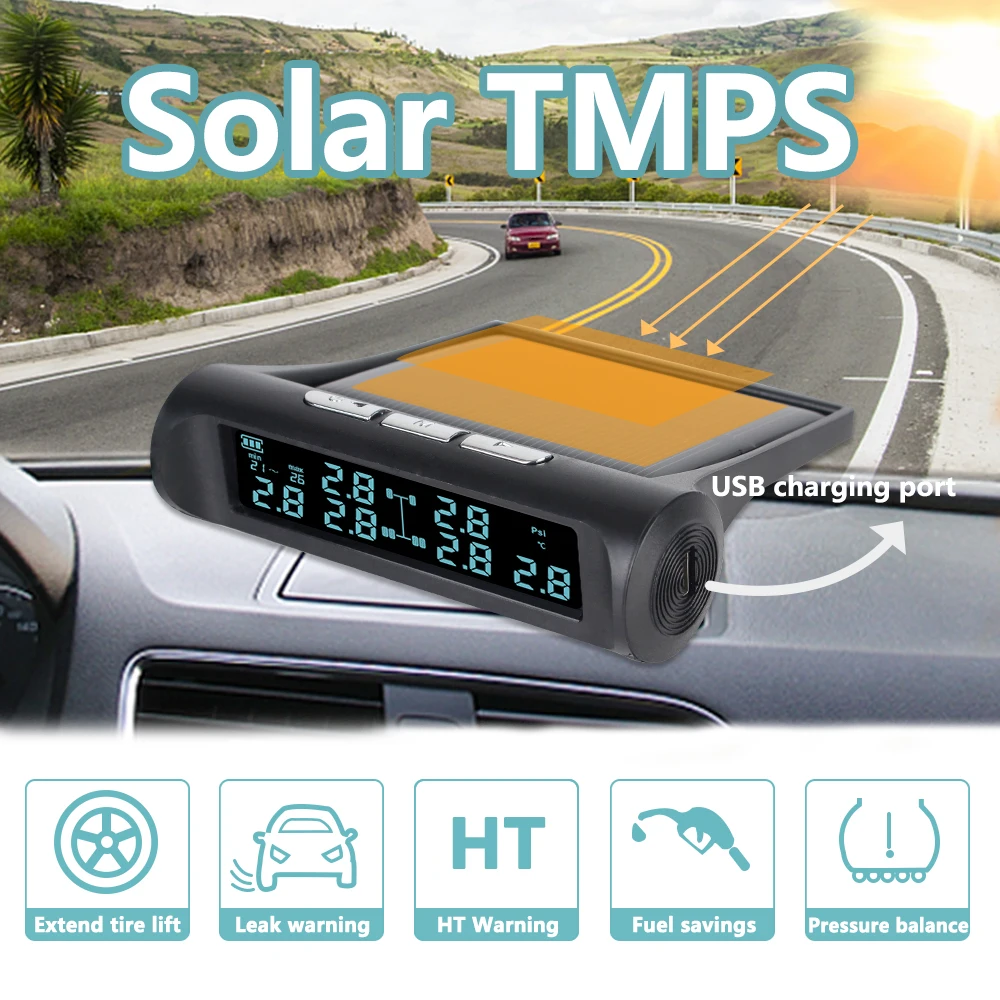 

Tyre Temperature Alarm System With 6 External Sensors LCD Display Solar Power TMPS For Truck Bus Car Tire Pressure Monitoring