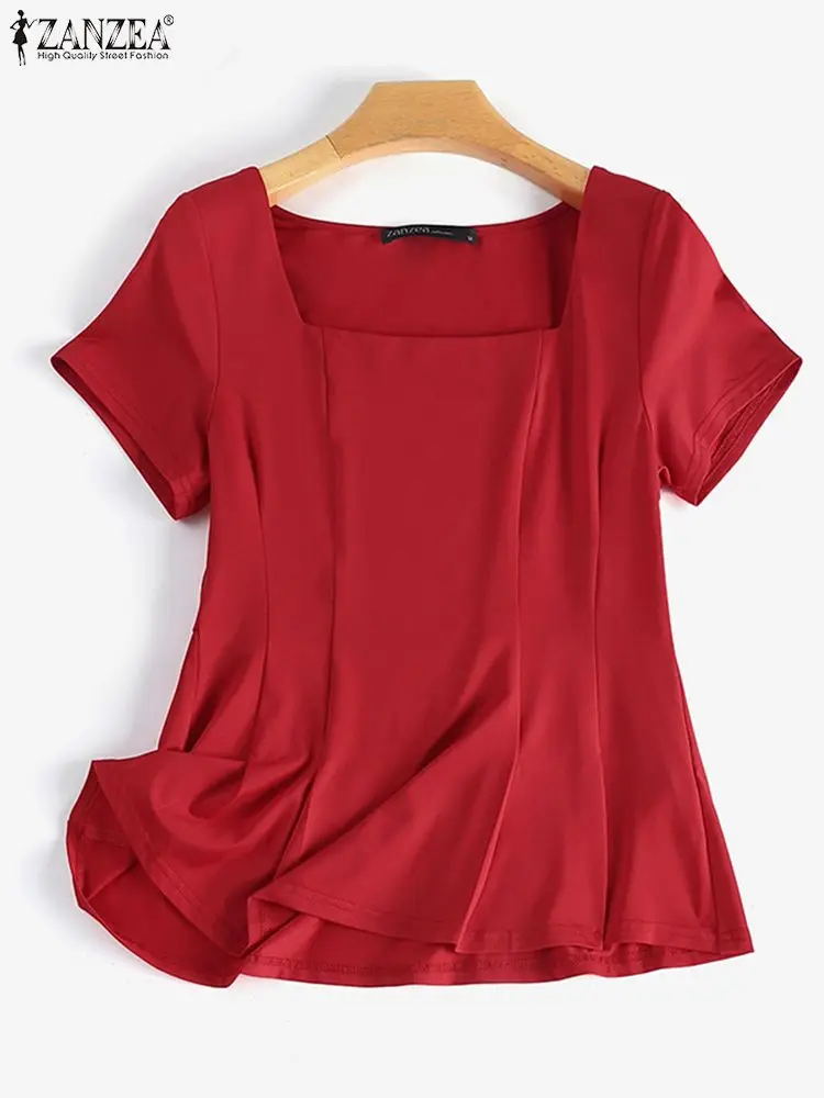 ZANZEA Elegant Women Office Lady Blouse Casual Slim Fit Work Tops Female White Blusas 2023 Summer Square Neck Short Sleeve Shirt