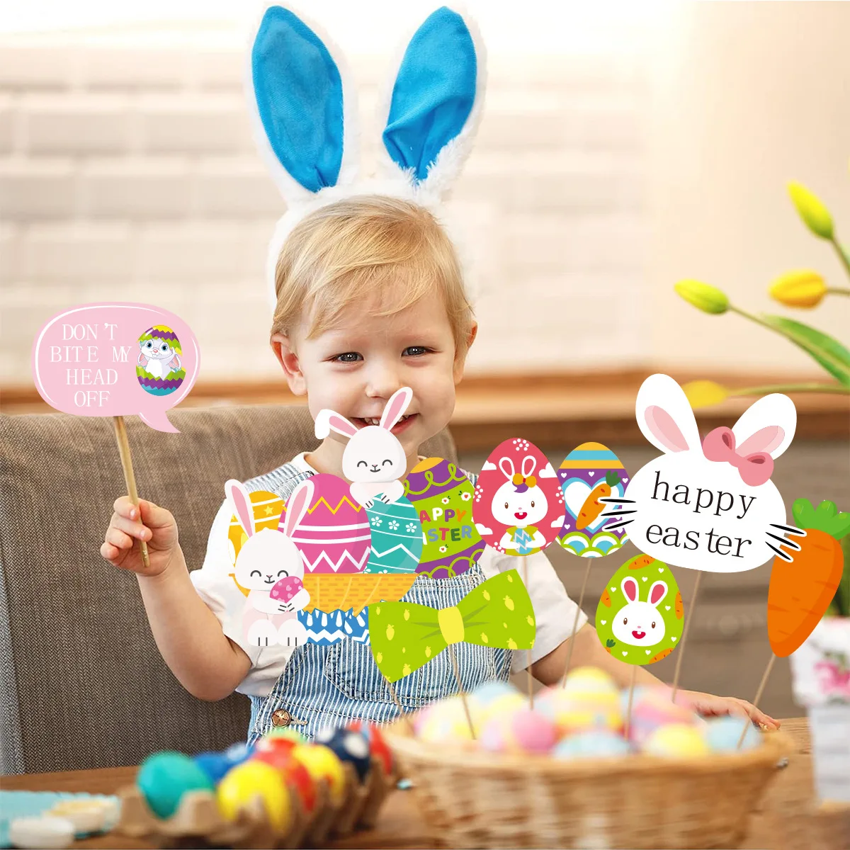 28pcs Happy Easter Photo Props Set Easter Eggs Theme Party Spooky Handheld Photo Props