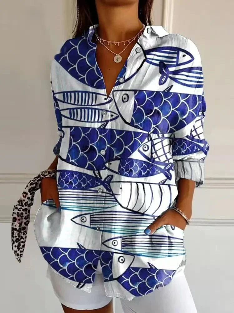 Nuova camicia primaverile e autunnale da donna con risvolto stampato camicia da donna con bevande camicia retrò camicia con bottoni larghi top alla moda 5