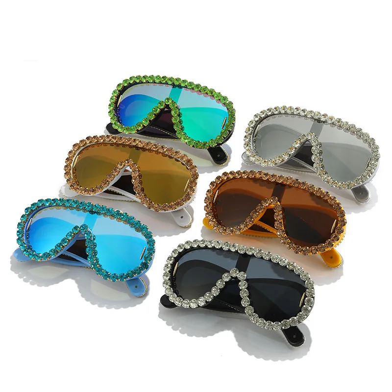 SHAUNA Crystal Oversized Mirror Coating Women Goggle Sunglasses UV400_voghion.com