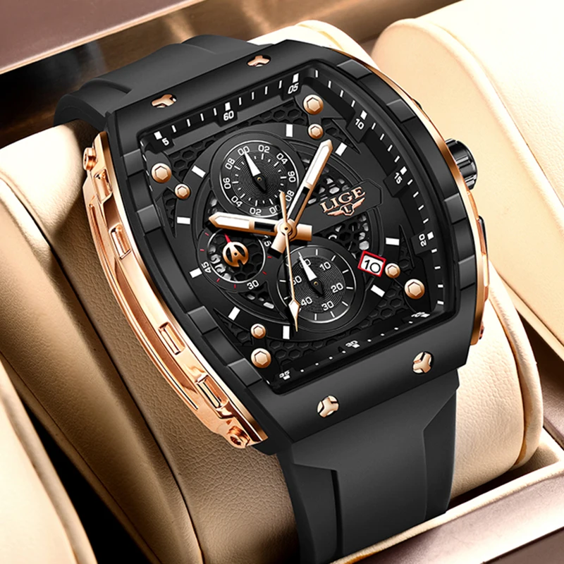 LIGE 2026 New Luxury Square chronograph Wrist Watches For Men Fashion Business Silicone Waterproof Luminous Men's Quartz Watch