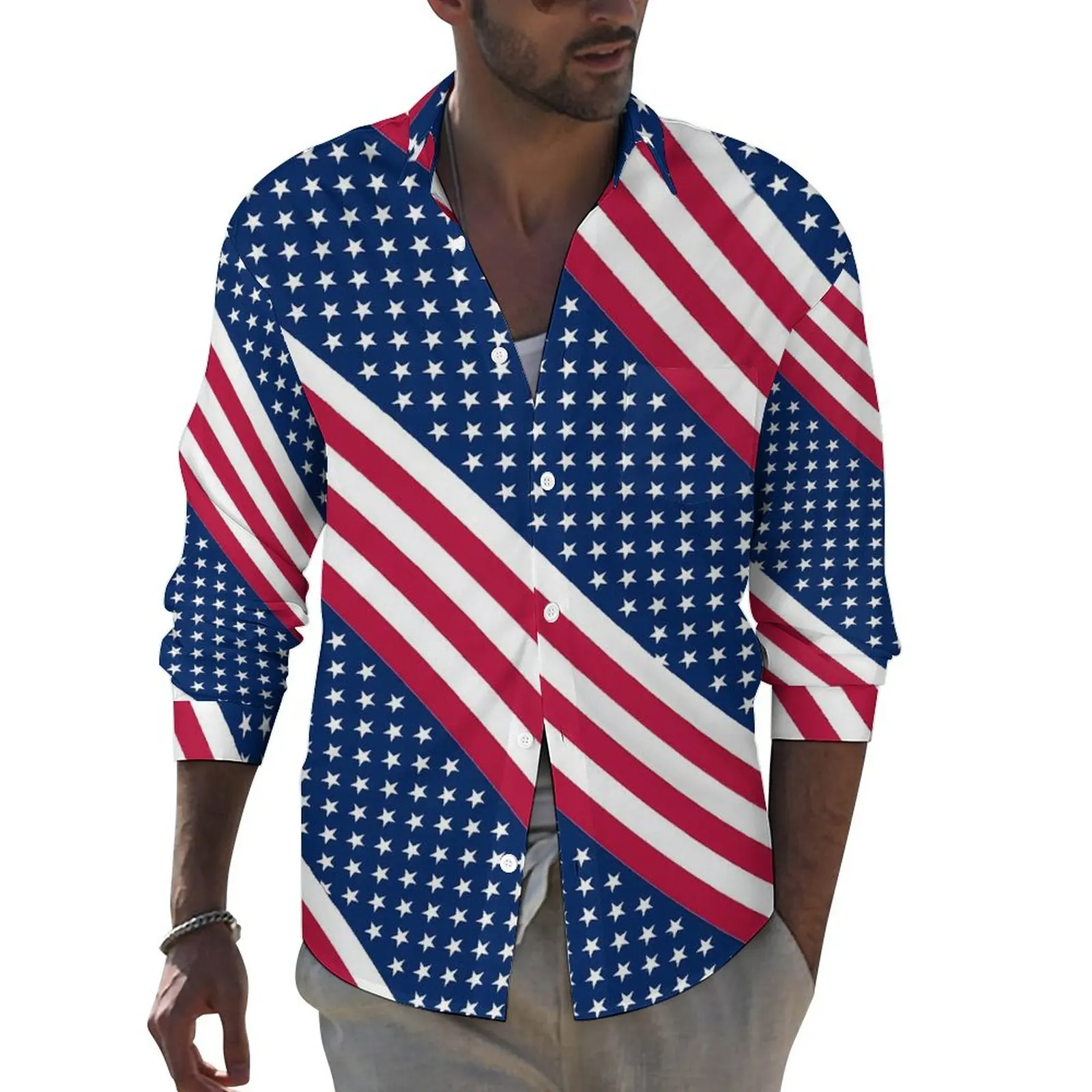 

American Flag Stylish Shirt Spring Stars And Stripes Casual Shirts Men Vintage Blouses Long Sleeve Printed Y2K Clothing 3XL 4XL