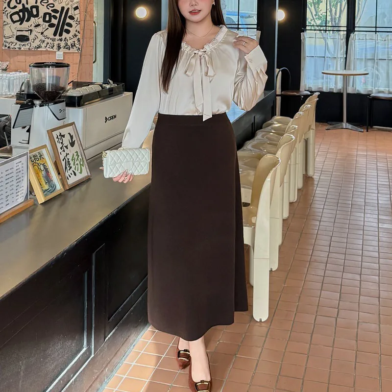 Fashion Plus Size Women's Skirts Premium Elegant And high-end Coffee A-line Wool Knitted Skirt Autumn New Commuting 9414