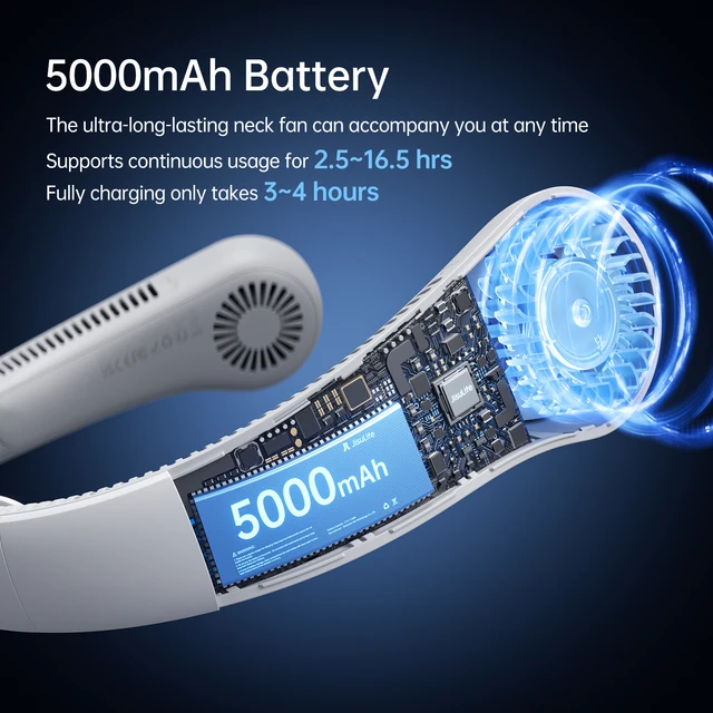 JISULIFE Ventilatore da collo portatile aggiornato, batteria da 5000 mAh, supporto da collo, regolazione delle ingranaggi a 5 velocità, ventilatore vivavoce indossabile per esterni 4