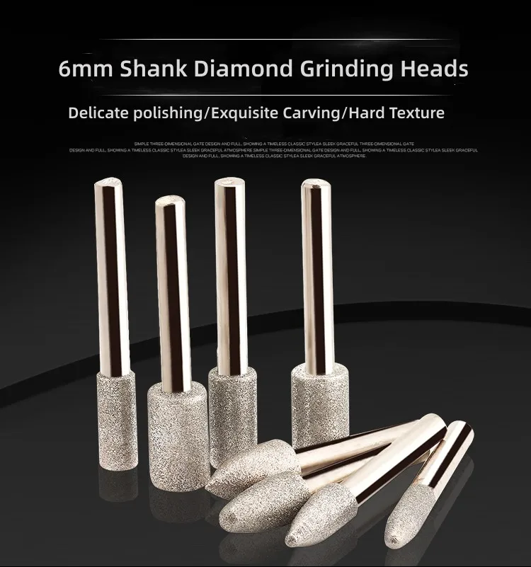 6mm Shank Cylindrical Diamond Grinding Head Engraving Lettering Burrs Lapidary Tools For Jade, Emerald, Hard Alloys, 20pcs/Set c type cylindrical carbide rotary file jade grinding ball head engraving tungsten steel 6mm milling cut single double groove