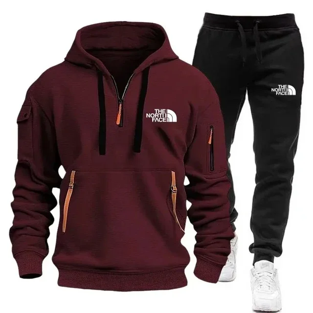 New 2025 autumn/winter men's hooded sweatshirt sport set, outdoor thickened zipper men's pullover + long pants 2-piece set view 4