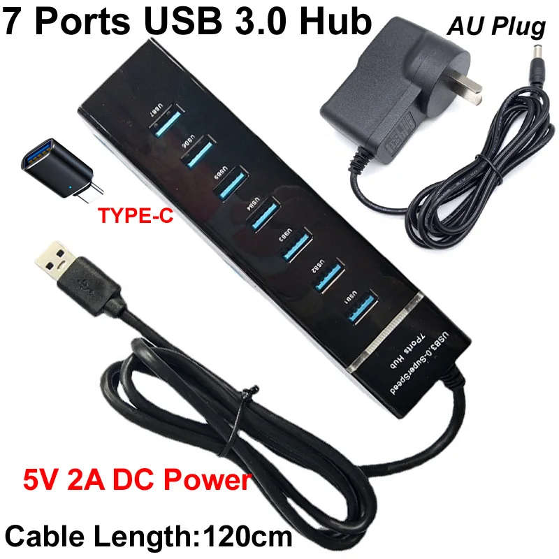 Velocidade Multi Adapter Expander Cabo Portas Usb 3.0 Hub Splitter 5v 2a ac dc Power Usb para Tipo-c 3.1plug 120 Centímetros em Alta - Imagem 3