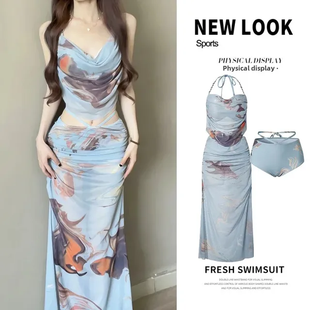 Maillot de bain Bikini Sexy pour femmes, ensemble trois pièces, robe longue, petite poitrine froncée, soutien en acier, vêtements de plage pour vacances d'été 1