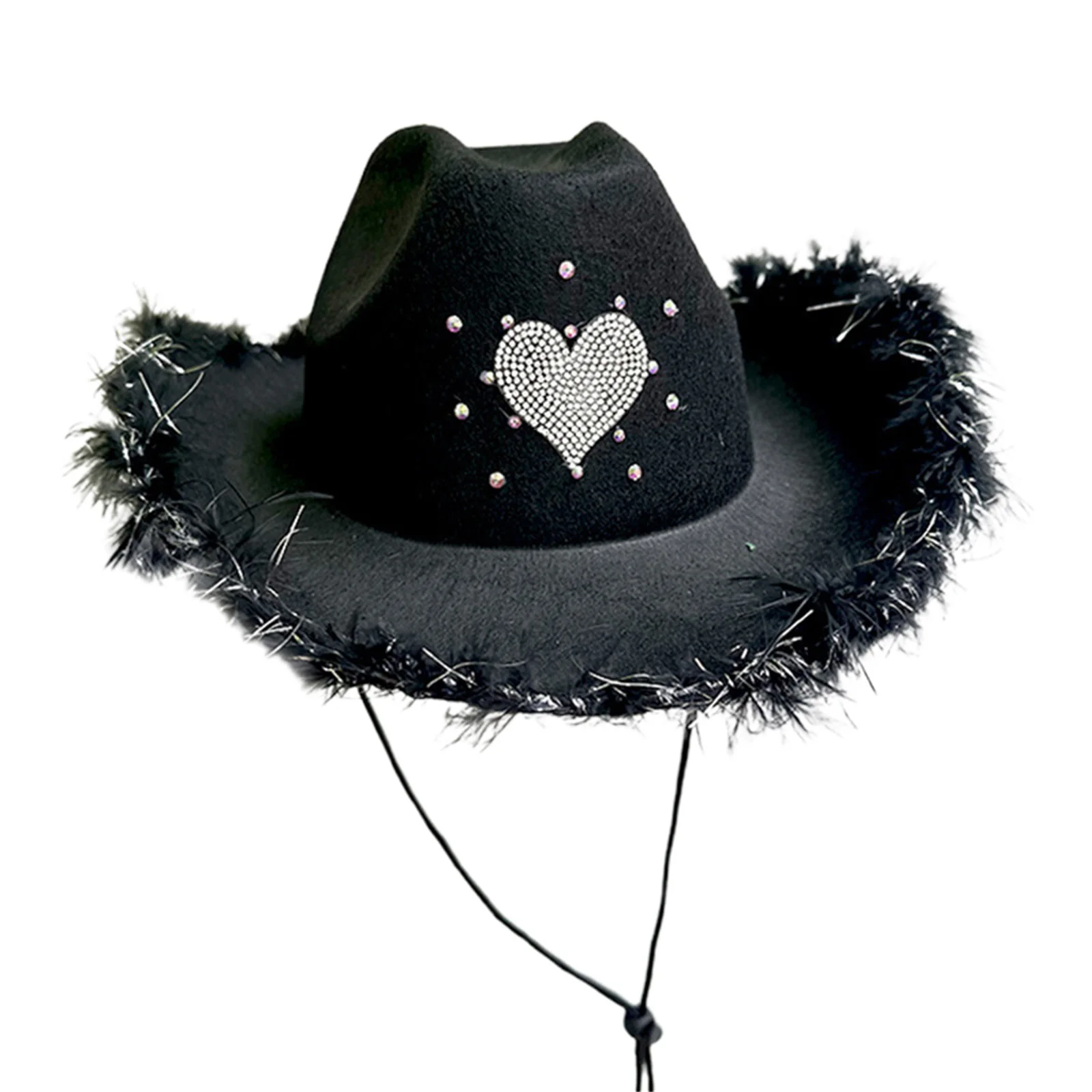 Women Cowgirl Hat Rhinestone Heart Fuzzy Trim Wide Brim Cap for Fiancee Shower Bachelor Parties Cowboy Hats