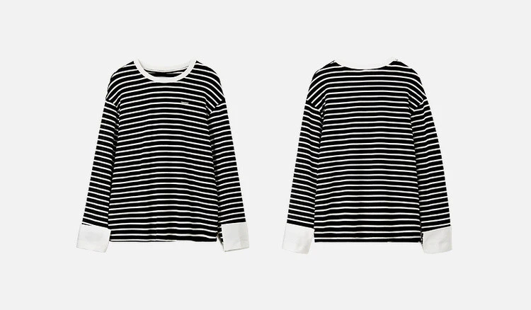 Patchwork Cotton Knit Crewneck T-Shirt    Women's Fall Autumn Casual loose stripe round O-neck long sleeves Tees T shirts for woman in black and white  Womens crew neck T-Shirts  Tops #143T56086
