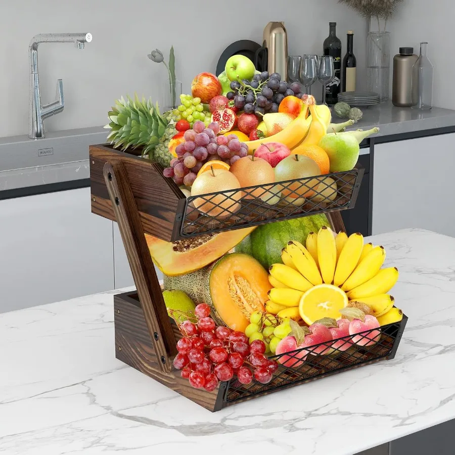 Fruit Basket for Kitchen 2 Tier Fruit Bowl Kitchen Counter Organizer Wooden Vegetable Holder for Countertop Bread Storage Baske