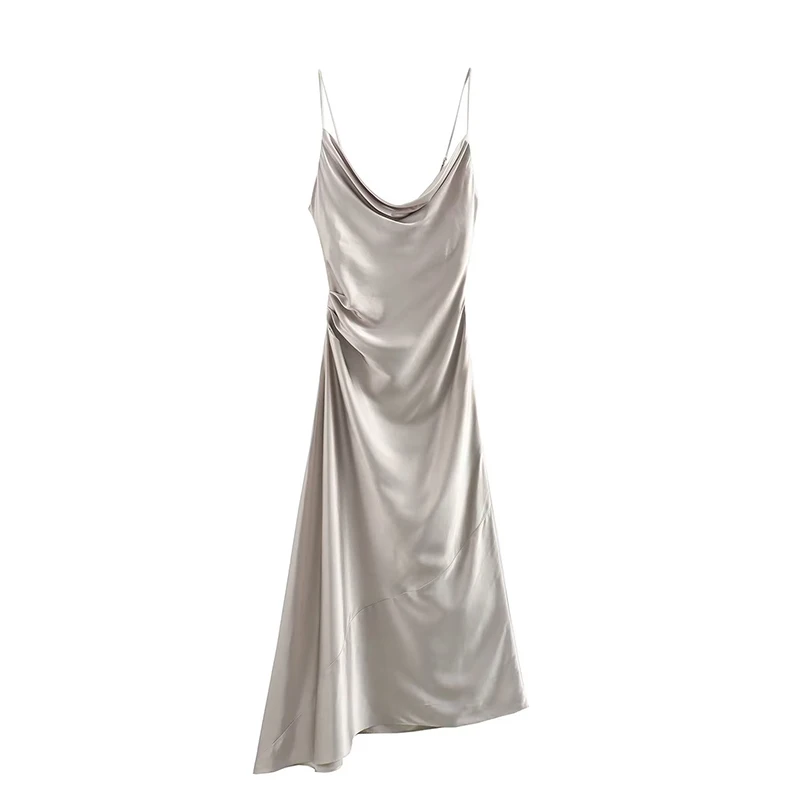

Women Swinging Collar Thin Straps Satin Midi Dress Vintage Side Ruched Asymmetric Hem Female Party Sexy Dresses