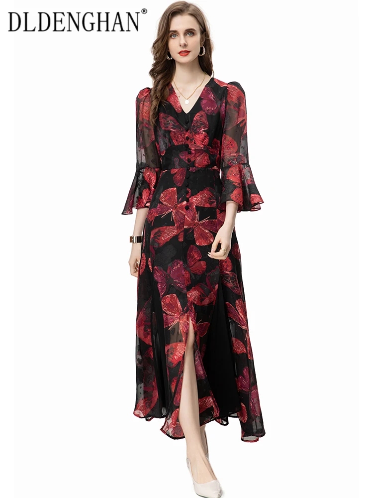 

DLDENGHAN Summer Long Dress Women's V-Neck Flare Sleeve Button Floral Print Vintage Party Dresses Fashion Designer New