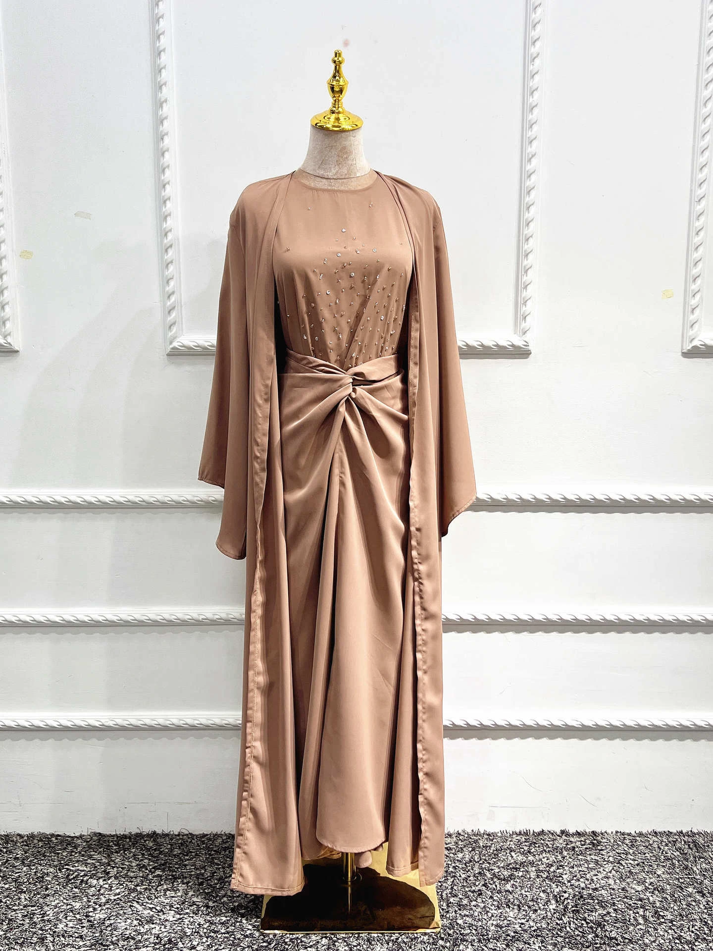  - New Spring Muslim Dress Abaya Sets Women 3 Piece Nida Beading A-line Maxi Kimono Jubah Robe Abayas Vestidos Islamic Clothing