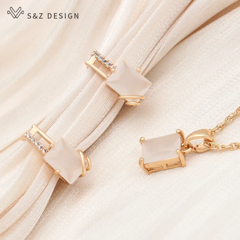 S&Z DESIGN New Champagne Gold Color Rectangle Crystal Dangle Earrings Jewelry Sets For Women Wedding Zirconia Pendant Necklace