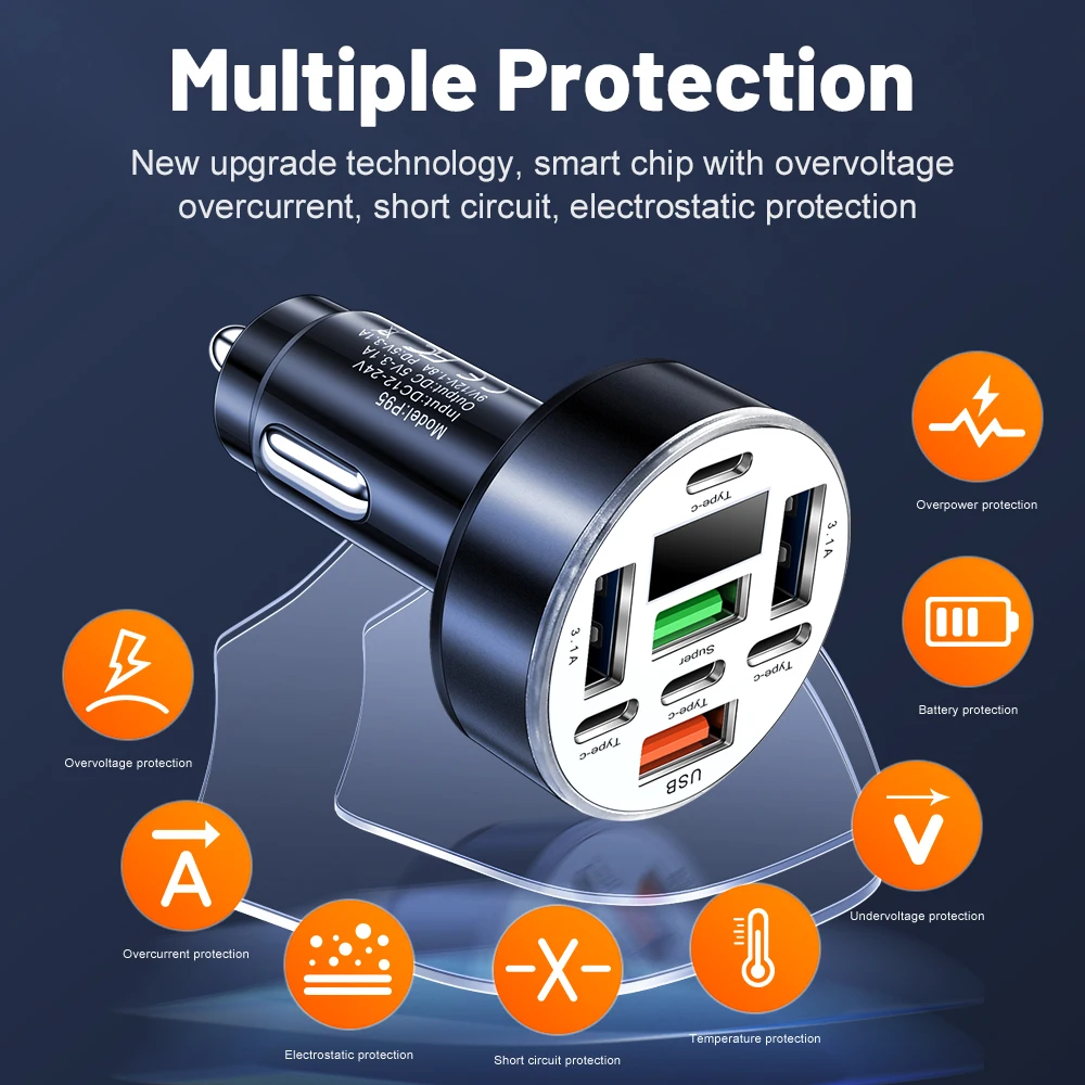 120W Car Phone Charger 8Ports LED Digital Display 4USB+4Type C Fast Charging Phone Charger For IPhone Samsung