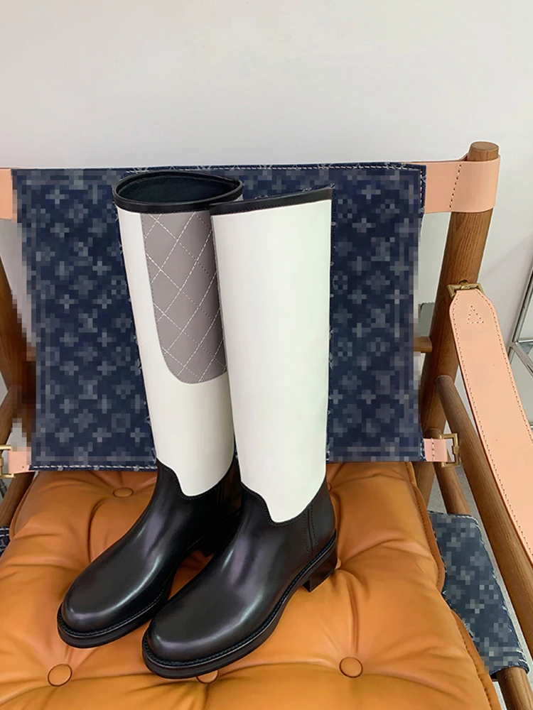 

Round Toe Mixed Color Knee High Boots Black and White Diamond Pattern Platform Low Block Heels Knight Boots Winter Designer Shoe