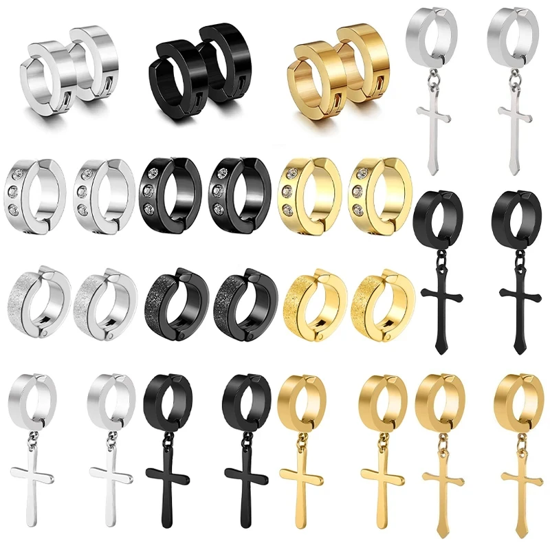 Stainless Steel Clip On Earrings 2 Pcs For Women Men Black Gold Color Cross Gothic Punk Rock Drop Pendiente Non Piercing Jewelry ear clip earrings clip earrings ear clip