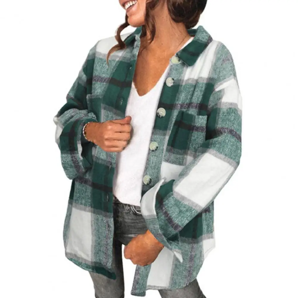 

Spring Women Shirt Coat Brushed Plaid Long Sleeve Lapel Button Boyfriend Jacket