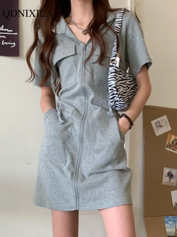 

2023 Women's Summer Dress Korean Basics Short Sleeved Hooded Dresses Fashion Temperament Slim Waist Retraction Short Dresses