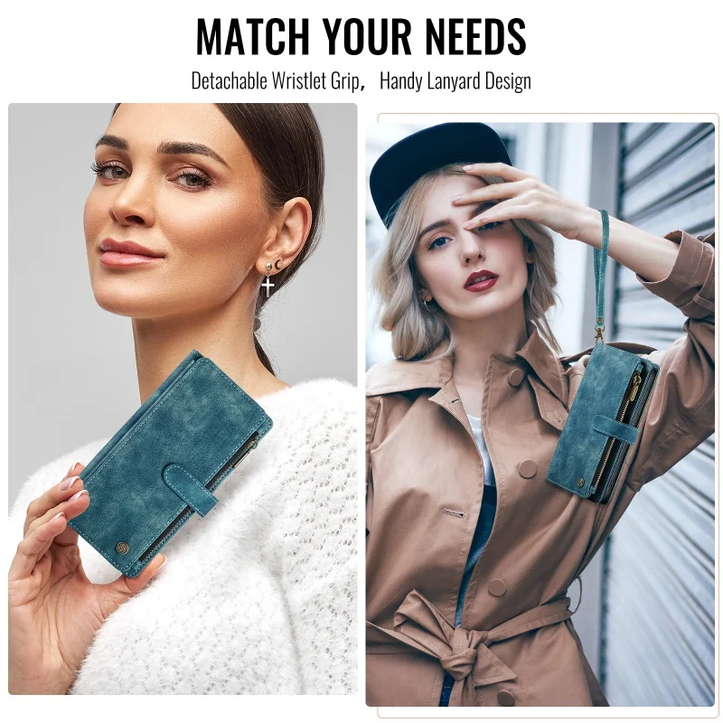 Zipper Leather Wallet Phone Case with Wrist Strap and Card Slots