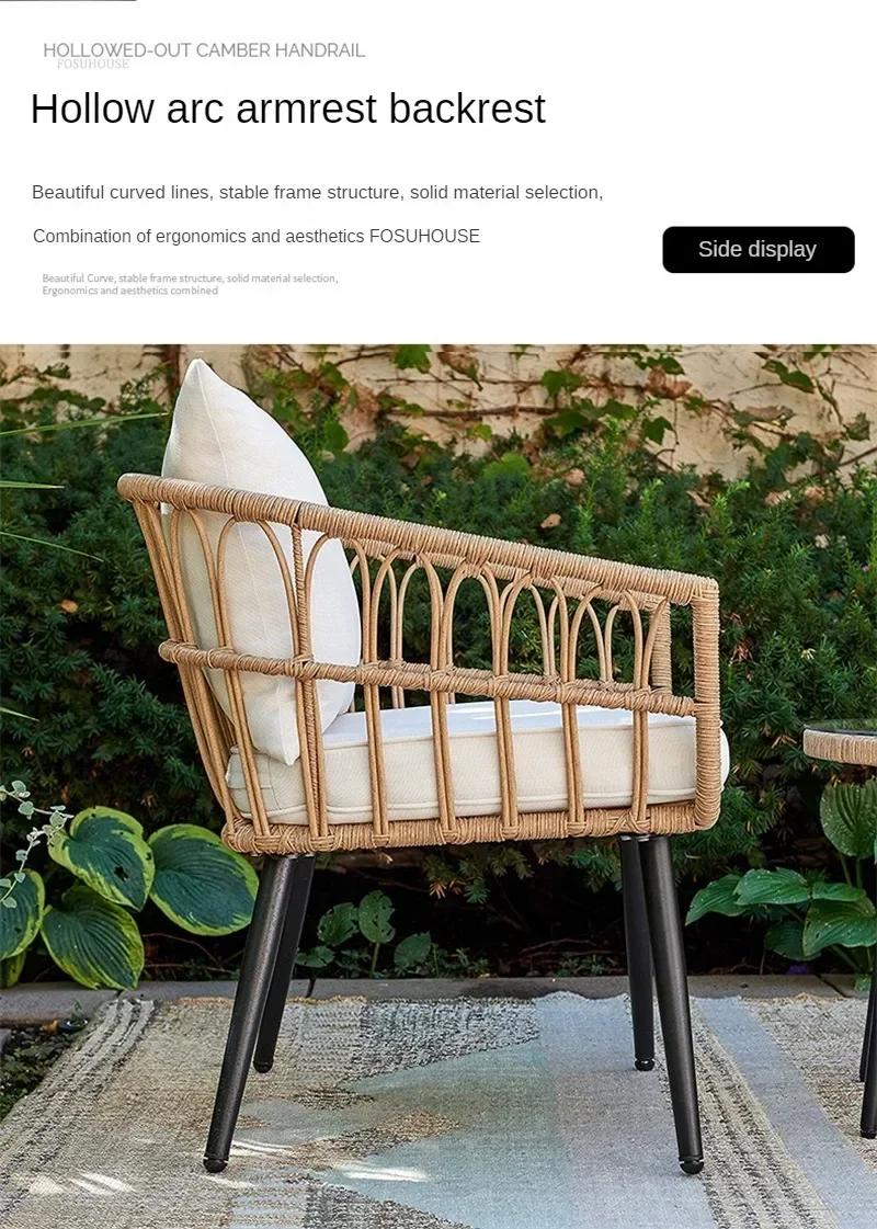 Nordic PE Rattan Garden Furniture Sets Balcony Courtyard Outdoor Table and Chair Set Waterproof Leisure Single Chair Furniture E
