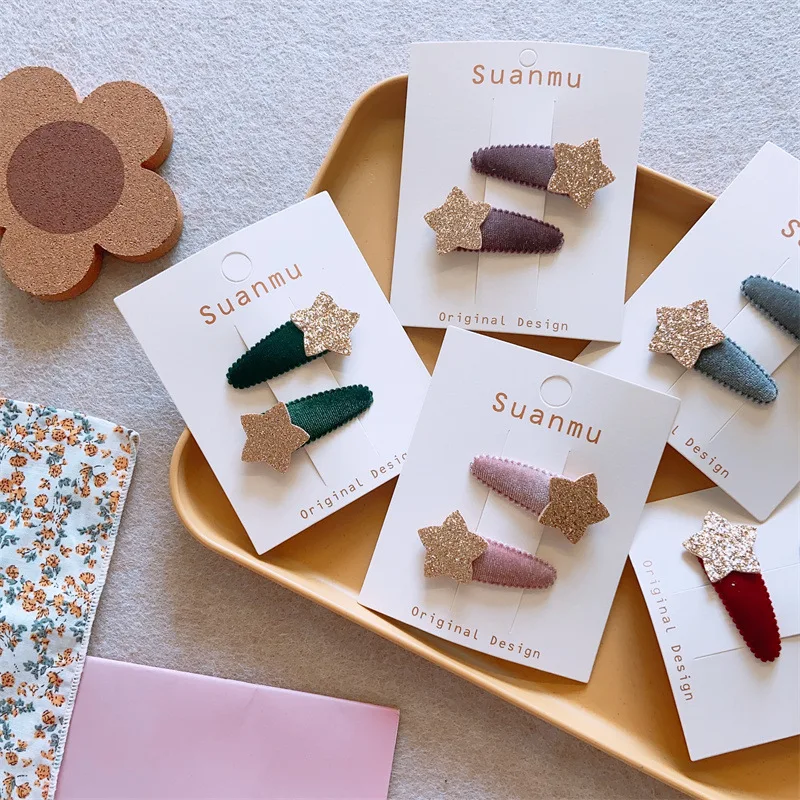 2 Stück Yinfei Beflockung leuchtend rosa Stern Haarspange koreanische Version neue Stoff Haarschmuck einfache Pony BB Clip Stirnband Haarspange