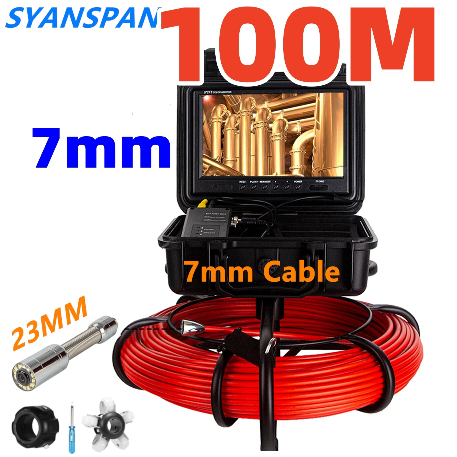 

7mm Cable 100M Pipe Inspection Video Camera 9 Inch with DVR 8GB TF Card , SYANSPAN Waterpoof 23MM Drain Sewer Pipeline Endoscope