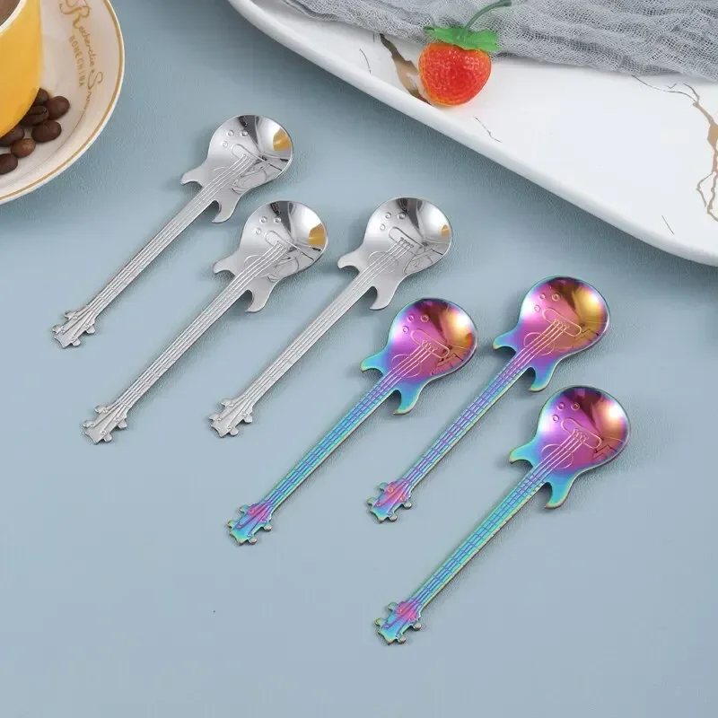 Stainless Steel Spoons 3pcs Stainless Steel Guitar Shaped Love Coffee Spoon Teaspoon Children Spoon Coffee Tea Use Kitchen