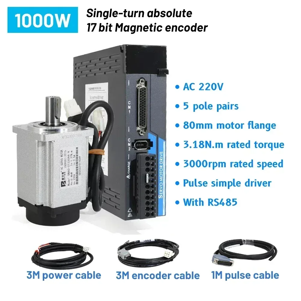 서보 모터 드라이브 키트, 200W, 400W, 600W, 750W, 1KW, AC 220V, 17 비트 앱솔루트 인코더 모터, 60mm, 80mm 플랜지 펄스 RS485 0.64-3.18Nm