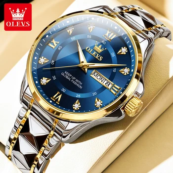 OLEVS Men's Watch No.2906 Fashion Business Original Quartz Watches Rhombus Stainless Steel Waterproof Luminous Week Date Display