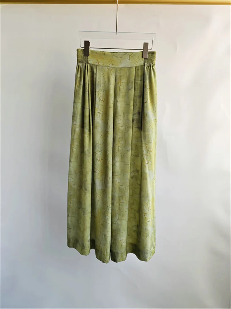 

Женские Плиссированные свободные брюки, зеленые шелковые прямые широкие брюки с акварельным принтом и поясом на резинке, лето 2024
