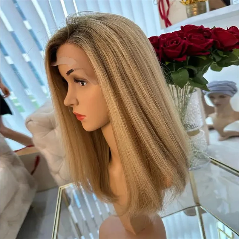 New Honey Blonde Bob Wig Light Brown Highlights High Heat Fibre Synthetic Lace Front Wigs Short Straight Cosplay Wig for Women