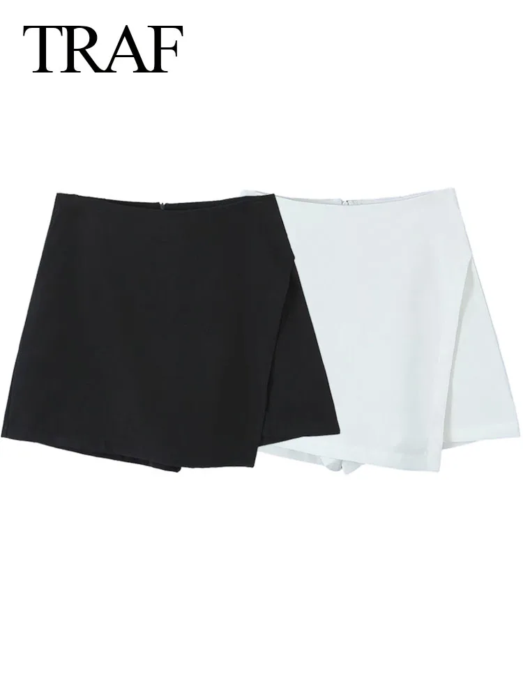 

TRAF 2023 Women Summer Shorts Skirts Black And White High Waist Zipper Female Fashion Slim Streetwear Style Skirts 2 Color