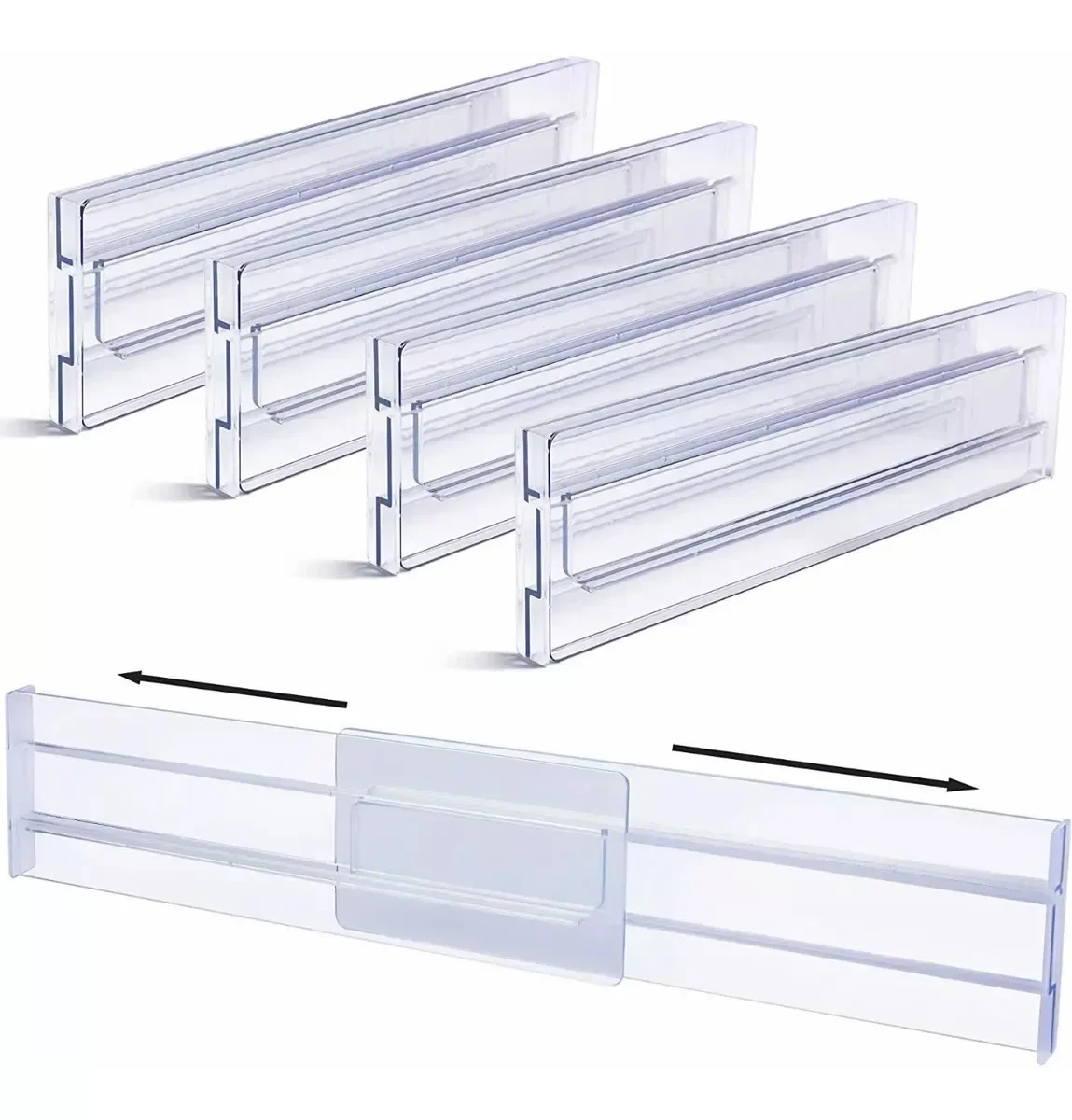

4 Pack Drawer Dividers Organizers, Adjustable 8cm High Expandable from 27.5-52cm Kitchen Drawer Organizer, Clear Plastic
